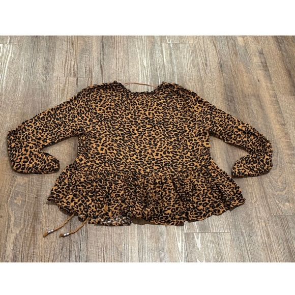 TIME AND TRU LARGE BROWN Peasant Leopard Print Boho Blouse Top L/G 12-14 - Picture 2 of 8